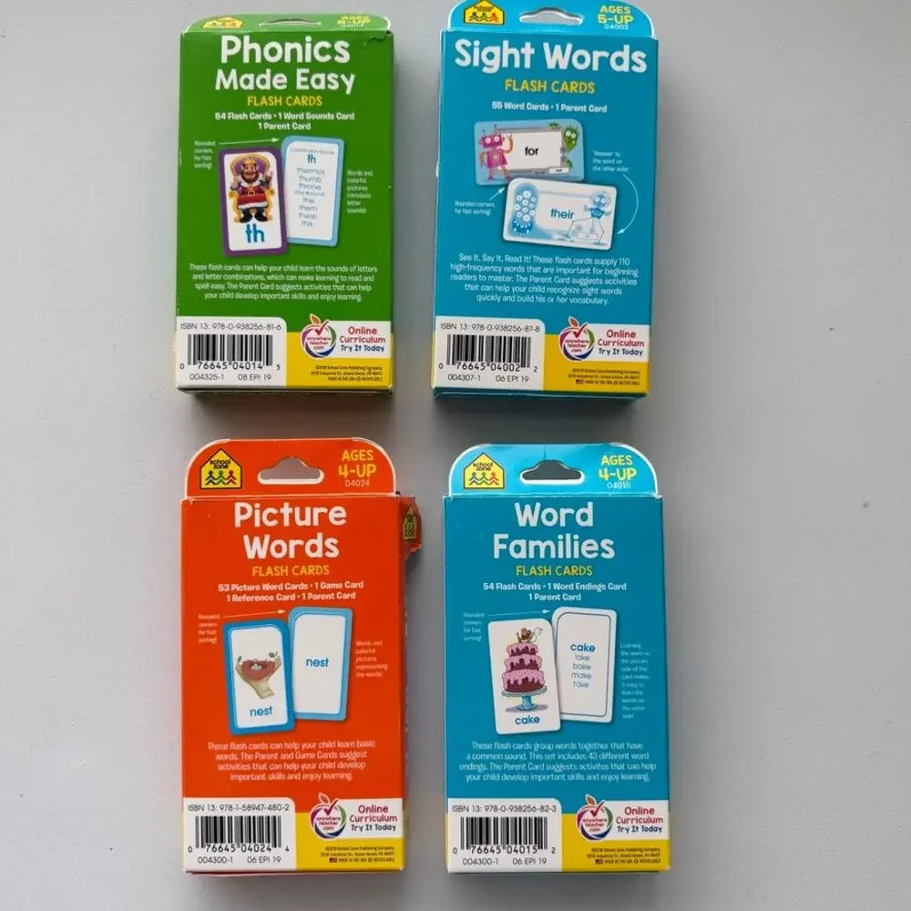 Lot of 4 School Zone Pic Words, Word Families, Sight Words & Phonics Flash Cards